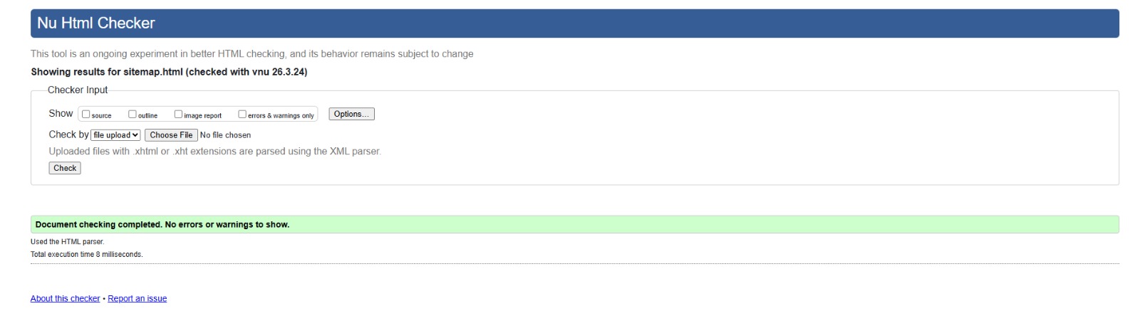 W3C validation result for sitemap.html showing no errors
