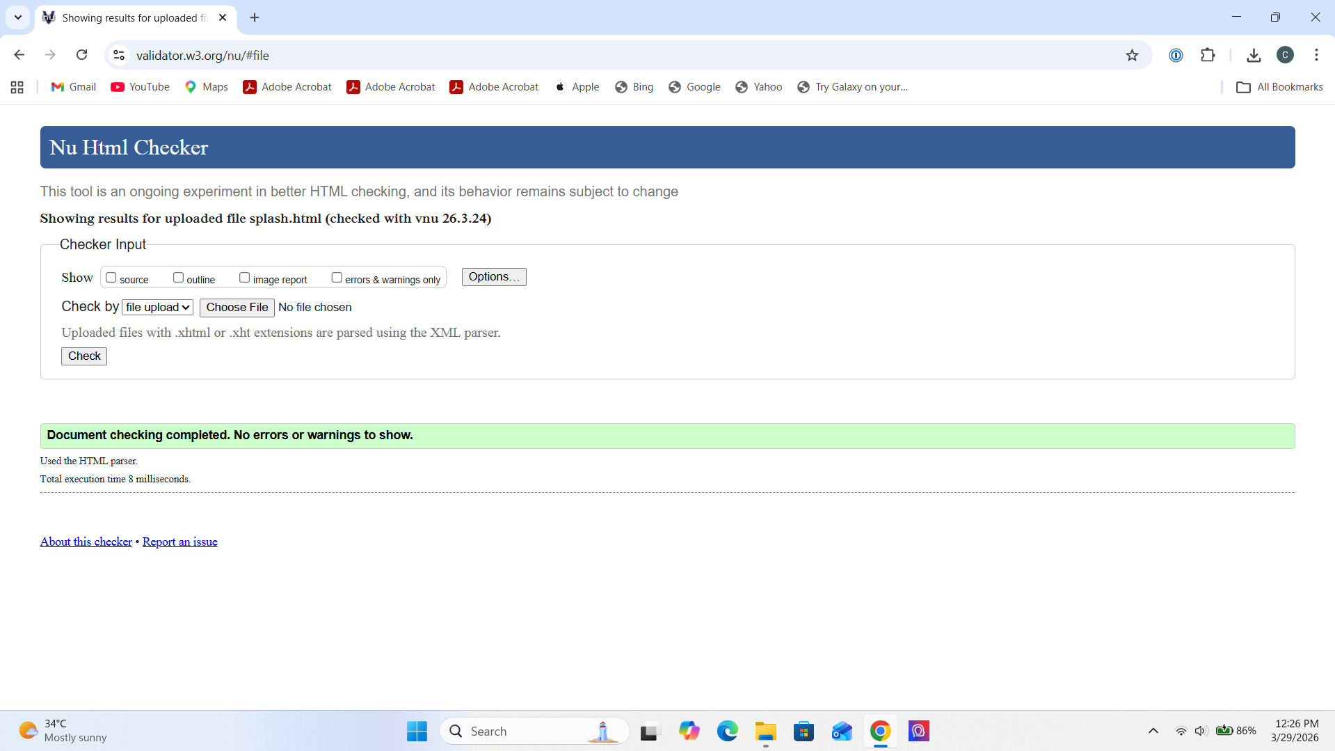 W3C validation screenshot for splash.html showing no errors